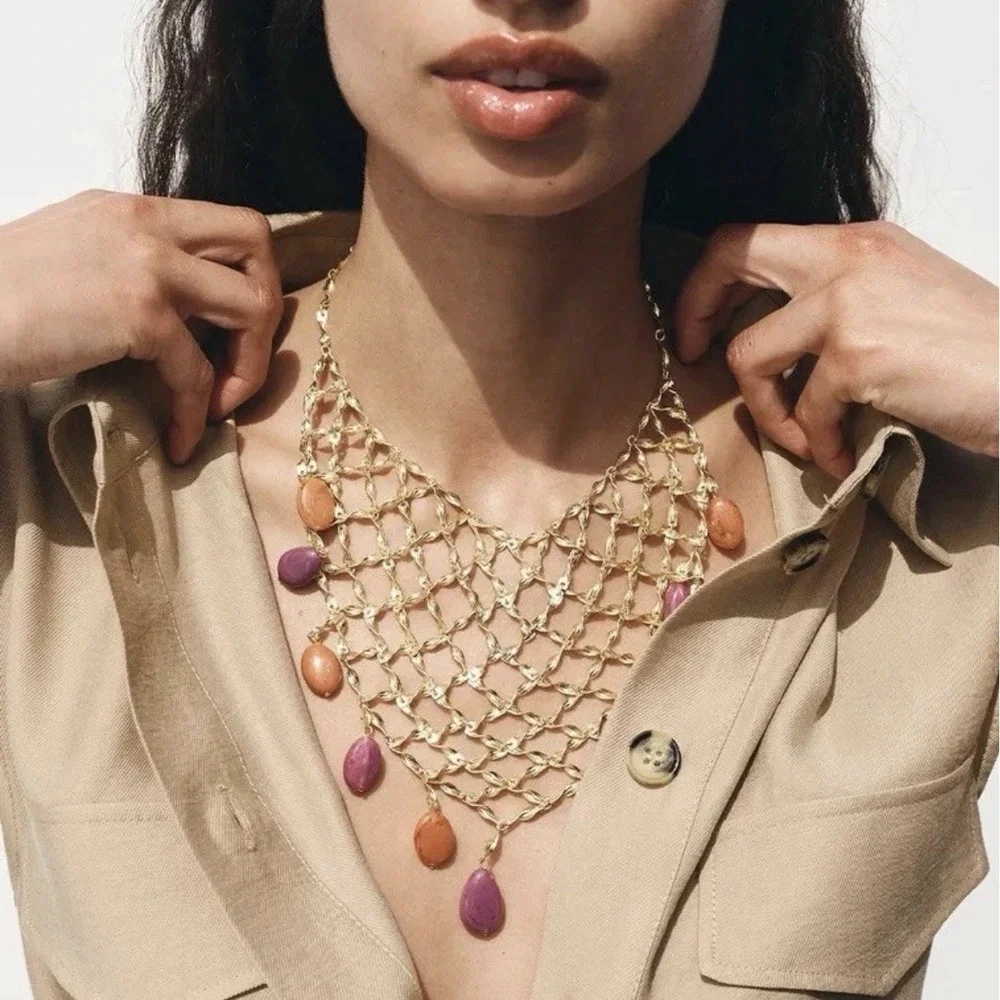 Zara Mesh Net Bib‎ Gold Necklace Resin Beads Bohemian Resort